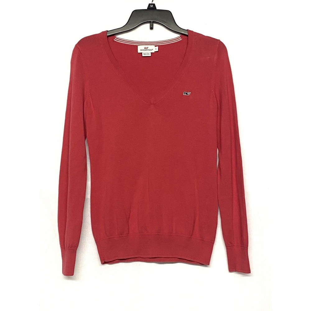 Vineyard Vines Pink V Neck Sweater Women's Size Small 100% Cotton Whale Logo